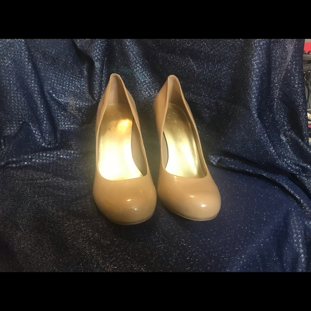 Nude patent leather heels